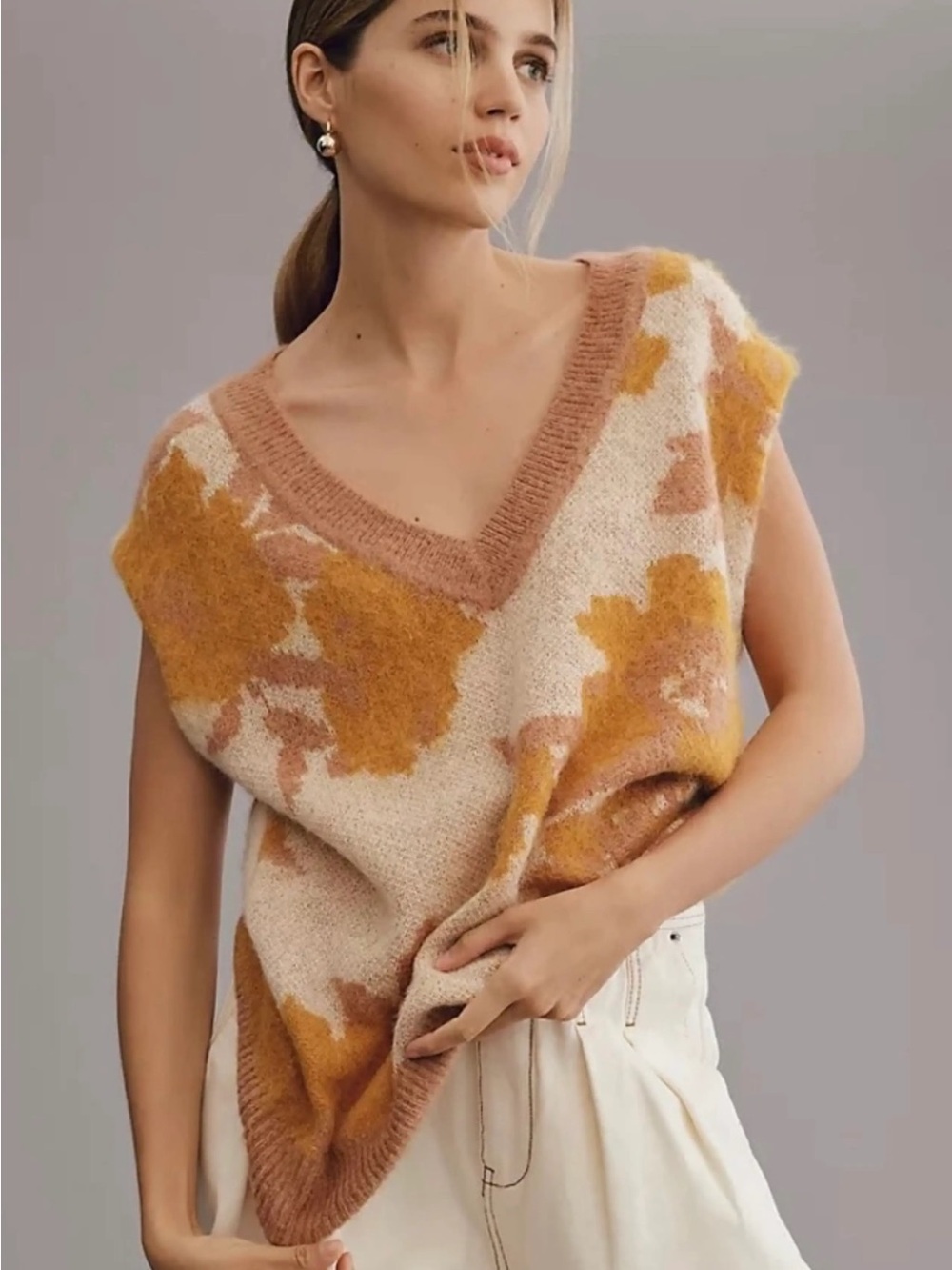 Anthropologie Floral V-Neck Sweater Vest in Beige and Mustard